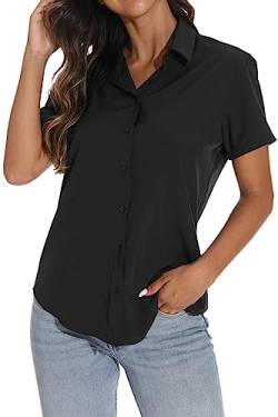 GUANYY Damen Kurzarm Button Down Shirts Business Kragen Bluse Basic Einfaches Kleid Hemd, Schwarz, Mittel von GUANYY