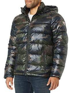 GUESS Herren Mittelschwere Pufferjacke mit Abnehmbarer Kapuze Daunenalternative Mantel, Camo Olive, XXL von GUESS