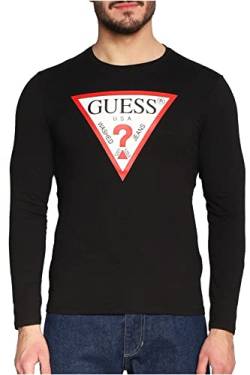 Guess Herren CN LS ORIGINAL Logo Shirt, Schwarz/Hellrot/Weiß, XL von GUESS