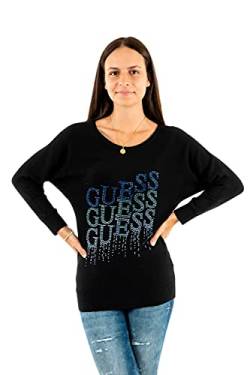 Guess Woman Pullover Langarm U-Boot-Ausschnitt Stickerei mit schwarzen Strasssteinen von GUESS