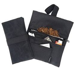 GUGGIARI® Tabaktasche Stoff für 30g bis 50g, mit Filterfach & Blättchen & Feuerzeug - Tabakbeutel für Drehtabak aus hochwertigem Leder mit Reißverschluss und Gummiband - Pindot von GUGGIARI