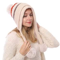 GUMONI Winter Ohrenschützer Gestreifte Bommelmütze Damen Chenille Fleece Gefüttert Dick Warme Gestrickte Mütze mit 3 Pompon Strickmütze Beige von GUMONI