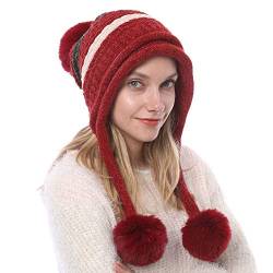 GUMONI Winter Ohrenschützer Gestreifte Bommelmütze Damen Chenille Fleece Gefüttert Dick Warme Gestrickte Mütze mit 3 Pompon Strickmütze Rot von GUMONI