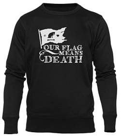 GUNMANTOR Our Flag Means Death Flag and Cat Schwarz Sweater Herren Damen Unisex Langarm Ärmel Rundem Hals Black Jumper Mens Womens XL von GUNMANTOR