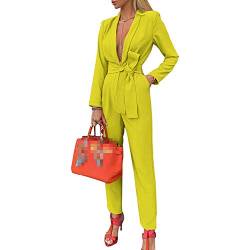 Damen Blazer Jumpsuit,Slim Fit Anzug,Sexy V-Ausschnitt Overall,Elegant Langarm Playsuit Einfarbig Lang Romper mit Taschen,Casual Lose Hosenanzug mit Gürtel,Anzugstil Gelb M von GUOCU