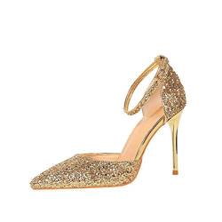 Damen Funkeln High Heel Riemchen Spitz Geschlossene Zehe Mary Janes Stiletto Party Abiball Clubbing Pumps Gold EU 39 von GUOCU