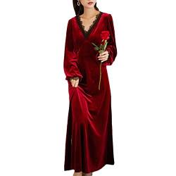 Damen Langarm Nachthemd mit V-Ausschnitt Romantische Viktorianische Vintage Nachthemden Palaststil Lang Kleid Pyjamas mit Spitzendekoration Warmer Gold Samt Nachtwäsche Nachtkleid Schlafanzug D XL von GUOCU