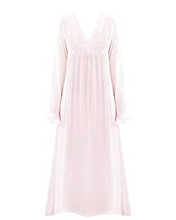 Damen Lange Ärmel Nachtkleid Vintage Viktorianische Schlafanzug mit Spitze V-Ausschnitt Lange Pyjamas Pure Farbe Nachthemd Prinzessin Stil Schlafhemd Nachthemd Rosa L von GUOCU