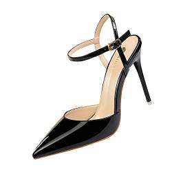 Damen Spitz High Heel Frauen Bequeme Lack Stilettos Riemchen Hochzeit Brautschuhe Party Abiball Pumps Abendschuhe Schwarz EU 38 von GUOCU