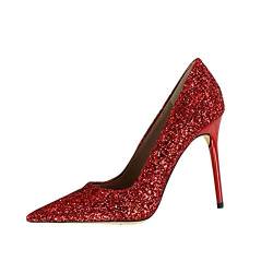 Damen Spitz High Heel Frauen Funkeln Stilettos Sexy Party Nachtclub Schuhe Abendschuhe Pumps rot EU 43 von GUOCU