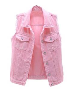 Damen Umlegekragen Basic-Cowboy Jeansweste Kurz Frühling Sommer College Style Beiläufige Ärmellose Jacke Einfarbig Zerrissene Jacke Jean Denim Weste Rosa L von GUOCU