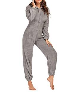 Damen Und Kinder Jumpsuit Flanell Pyjama Flauschig Und Kuschelig Schlafanzug Trainingsanzug Ganzkörperanzug Weich Warme Hausanzug Mit Kapuze & Reißverschluss,Grau,S von GUOCU