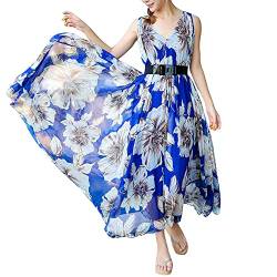 Damen V-Ausschnitt Ärmellos Strandponcho Hippie-Blumendruck Trägerkleid Freizeitkleider Böhmisches Chiffon-Big-Swing-Kleid Strand Bodenlanges Kleid Maxikleid Sommerkleid Blau L von GUOCU