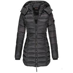 GUOCU Damen Daunenmantel Lang Warm Winterjacke mit Kapuze Winter Übergangs Jacke Slim Fit Reißverschluss Damenmantel Steppjacke Outdoor Leichte Daunenjacke Softshelljacke,Schwarz,M von GUOCU