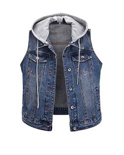 GUOCU Damen Frühling Herbst Vintage Zerrissen Basic-Jeansweste Kurz Stretch-Jacke mit Kapuze Biker-Stil Ärmellos Revers Einfache Beiläufige Denim Weste Übergangsjacke Mit Knopfleiste Dunkel 4XL von GUOCU