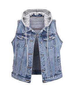 GUOCU Damen Frühling Herbst Vintage Zerrissen Basic-Jeansweste Kurz Stretch-Jacke mit Kapuze Biker-Stil Ärmellos Revers Einfache Beiläufige Denim Weste Übergangsjacke Mit Knopfleiste Licht 4XL von GUOCU