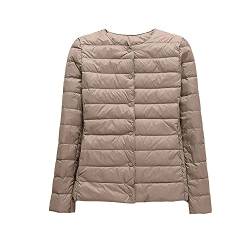 GUOCU Damen Herbst Winter Kragenlos Einfache Daunenjacke Dünne Rundhals Kurz Daunenjacke Packbarer Reißverschluss-Pufferjacke Wintermantel Ultraleichte Steppjacken Übergangsjacke Khaki M von GUOCU