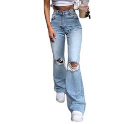 GUOCU Damen Jeanshose Modern Baggy Slim Fit Einfarbig Zerrissene Löcher Ankle Jeanshosen Freizeit Weich Stretch Mittlere Taille Lange Vintage Schlag Denim Hosen mit Taschen,Blau1,M von GUOCU