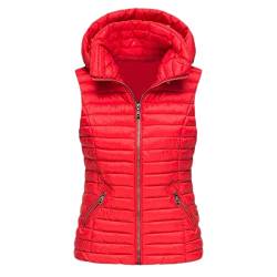 GUOCU Damen Kapuze Kurze Weste Einfarbig Reißverschluss Steppweste Ärmellose Wattierte Daunenweste Ultraleicht Winter Warm Sportweste Übergangsjacke Daunenjacken mit Taschen,Rot,L von GUOCU