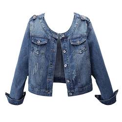 GUOCU Damen Kragenloser Klassiker Rundhals Lässiger Stretch im Biker-Stil Jeansjacke Slim Fit Outwear Trucker-Jacke Übergangsjacke Denim Jacket Jeansmantel Kurzmantel Bild 3XL von GUOCU