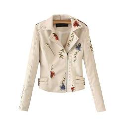 GUOCU Damen Pu Lederjacke Bikerjacke Mit Reißverschluss Blumen Stickerei Kurze Lederjacke Klassischen Übergangsjacke Bequem Motorradjacke Schlank,Beige,L von GUOCU