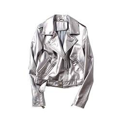 GUOCU Damen Revers Silberne PU Lederjacke Modischer Kurz Jacke Mantel Klassische Kunstlederjacke Lässige Reißverschluss Motorradjacke Bikerjacke Frühling College Jacke Bomberjacke Cropped Tops S von GUOCU