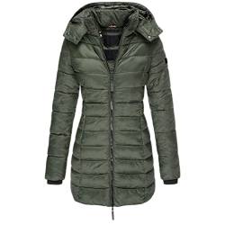 GUOCU Damen Stepp Daunenjacke Mittlere Länge Einfarbig Kapuze Elegant Mantel Reißverschluss Winter Warm Slim Fit Winddicht Puffer Ubergangsjacke mit Taschen für Freizeit Sport Reisen,Grün,S von GUOCU