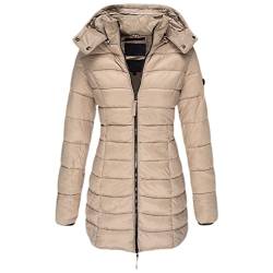 GUOCU Damen Stepp Daunenjacke Mittlere Länge Einfarbig Kapuze Elegant Mantel Reißverschluss Winter Warm Slim Fit Winddicht Puffer Ubergangsjacke mit Taschen für Freizeit Sport Reisen,Khaki,M von GUOCU