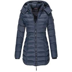 GUOCU Damen Stepp Daunenjacke Mittlere Länge Einfarbig Kapuze Elegant Mantel Reißverschluss Winter Warm Slim Fit Winddicht Puffer Ubergangsjacke mit Taschen für Freizeit Sport Reisen,Marine,XL von GUOCU