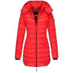 GUOCU Damen Stepp Daunenjacke Mittlere Länge Einfarbig Kapuze Elegant Mantel Reißverschluss Winter Warm Slim Fit Winddicht Puffer Ubergangsjacke mit Taschen für Freizeit Sport Reisen,Rot,M von GUOCU