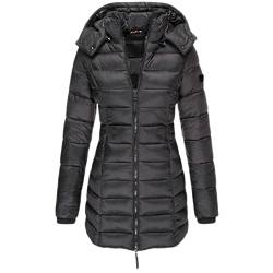 GUOCU Damen Stepp Daunenjacke Mittlere Länge Einfarbig Kapuze Elegant Mantel Reißverschluss Winter Warm Slim Fit Winddicht Puffer Ubergangsjacke mit Taschen für Freizeit Sport Reisen,Schwarz,S von GUOCU