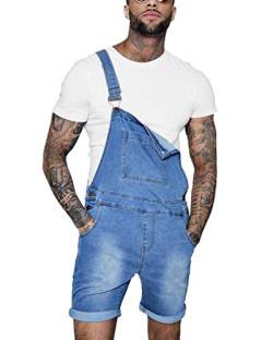 GUOCU Herren Kurze Jeans Denim Latzhose Overall Arbeitshosen Distressed Slim Fit Roll Up Latzshorts Freizeit Jumpsuit Hellblau L von GUOCU