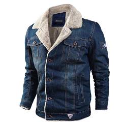 GUOCU Jeansjacke Herren Winter Denim Jacket Gefütterte Jeans Jacke mit Fell Mantel Warme Winterjacke mit Stehkragen Dunkelblau 3XL von GUOCU