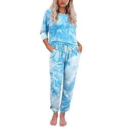 GuoCu Damen Zweiteiliger Schlafanzug Winter Warm Langarm Pyjama Pyjamahose Set Tie-Dye Nachtwäsche Oberteil+Lang Hose mit Taschen Leopardenmuster Loungewear Hausanzug Sleepwear E XL von GUOCU