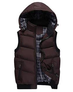 Herren Herbst und Winter Ärmellose Daunenweste Steppweste Slim Fit Übergangsweste mit Kapuze Große Größe Jacke Gilet Hoodie Abnehmbarer Kapuze Braun XL von GUOCU