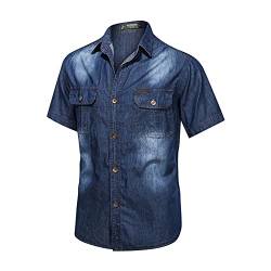 Herren Jeanshemd Casual Retro Kurzarm Hemd Regular Fit Denim Shirt Freizeithemd Geknöpftes Hemd mit Brusttasche A von GUOCU