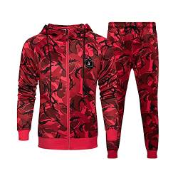 Herren Lässiger Sportanzug Camouflage Trainingsanzug Zweiteiler Jogginganzug Freizeitanzug Sportbekleidung Kapuzenjacke Hoodie Sporthose Sweatshirt Jogginghose mit Reißverschluss und Kapuze rot L von GUOCU