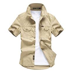 Herren Sommer Einfarbig Kurzarm Arbeitshemd Freizeithemd Plus Size Vintage Militär Knopf runter Plain Solid Shirts Tactical Top zum Wandern Angeln Camping Outdoor Reise Khaki XL von GUOCU