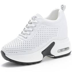 GURGER Damen Sneaker Keilabsatz Wedges Turnschuhe Leder Atmungsaktiv Laufschuhe Leichte Sportschuhe Mode Freizeitschuhe Weiß Größe 37 von GURGER