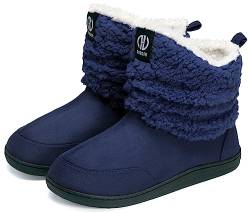 GURGER Hausstiefel Damen Hüttenschuhe Herren Plüsch Gefüttert Hausschuhe Hohe Winter Hüttenstiefel Warm Boot Slipper Feste Sohle Blau Größe 40 41 von GURGER