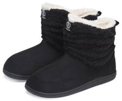 GURGER Hausstiefel Damen Hüttenschuhe Herren Plüsch Gefüttert Hausschuhe Hohe Winter Hüttenstiefel Warm Boot Slipper Feste Sohle Schwarz Größe 36 37 von GURGER