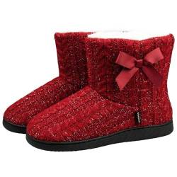 GURGER Hausstiefel Damen Plüsch Hausschuhe Hohe Hüttenschuhe Gefüttert Warm Winter Pantoffeln Strick Slipper Feste Sohle für Frauen Rot Gr. 37 38 von GURGER