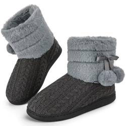 GURGER Hausstiefel Damen Plüsch Hüttenschuhe Warm Gefüttert Winter Frauen Hausschuhe Hohe Knit Hüttenstiefel Feste Sohle Pantoffeln Grau Gr. 38 39 von GURGER