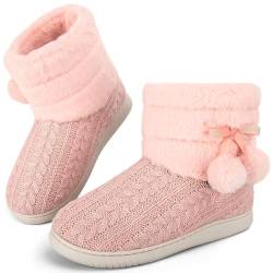 GURGER Hausstiefel Damen Plüsch Hüttenschuhe Warm Gefüttert Winter Frauen Hausschuhe Hohe Knit Hüttenstiefel Feste Sohle Pantoffeln Rosa Gr. 38 39 von GURGER