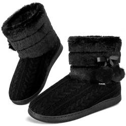 GURGER Hausstiefel Damen Plüsch Hüttenschuhe Warm Gefüttert Winter Frauen Hausschuhe Hohe Knit Hüttenstiefel Feste Sohle Pantoffeln Schwarz Gr. 40 41 von GURGER