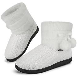 GURGER Hausstiefel Damen Plüsch Hüttenschuhe Warm Gefüttert Winter Frauen Hausschuhe Hohe Knit Hüttenstiefel Feste Sohle Pantoffeln Weiß Gr. 36 37 von GURGER