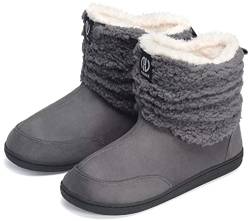 GURGER Hausstiefel Herren Hüttenschuhe Damen Plüsch Gefüttert Hausschuhe Hohe Winter Hüttenstiefel Warm Boot Slipper Feste Sohle Grau Größe 46 47 von GURGER