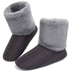 GURGER Hausstiefel Herren Plüsch Gefüttert Hüttenschuhe Damen Winter Warm Hausschuhe Hohe Pantoffeln Hüttenstiefel Strick Slipper Boot Weiche Sohle Geräuschlos Grau Größe 44 45 von GURGER