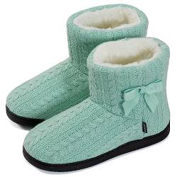 GURGER Hüttenschuhe Damen Plüsch Hausstiefel Gefüttert Hausschuhe Hohe Warm Winter Pantoffeln Strick Slipper Feste Sohle für Frauen Grün Gr. 35 36 von GURGER