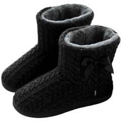 GURGER Hüttenschuhe Damen Plüsch Hausstiefel Gefüttert Hausschuhe Hohe Warm Winter Pantoffeln Strick Slipper Feste Sohle für Frauen Schwarz Gr. 39 40 von GURGER